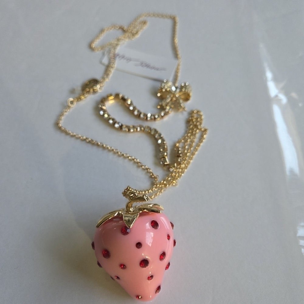 Betsey Johnson Gold and Pink Strawberry Pendant Necklace